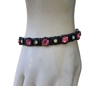 Vintage Black Metal Stretch Bracelet | Pink & Aurora Borealis Rhinestones